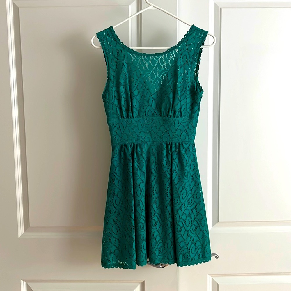 Teal B Darlin semiformal lace mini dress.